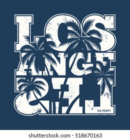 Los Angeles tee print with palm trees. T-shirt design, graphics, stamp, label, typography.