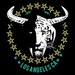 Los Angeles. T-shirt Design Of A Saber-toothed Tiger Head With Horns Surrounded By Stars. Vector Illustration Of Fantastic Content.