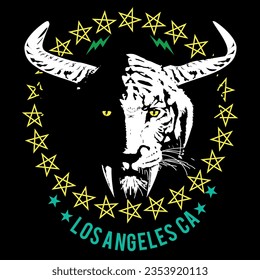 Los Angeles. T-shirt design of a saber-toothed tiger head with horns surrounded by stars. vector illustration of fantastic content.