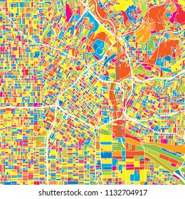 Los Angeles, United States, colorful vector map.  White streets, railways and water. Bright colored landmark shapes. Art print pattern.