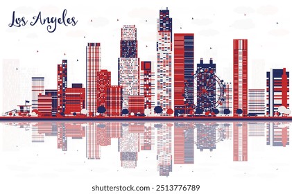 Horizonte de la ciudad de Los Ángeles, Estados Unidos, con edificios de colores y reflejos. Ilustración vectorial. Paisaje urbano con Lugares famosos.