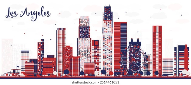 Horizonte de la ciudad de Los Ángeles, Estados Unidos, con edificios de color. Ilustración vectorial. Paisaje urbano con Lugares famosos.