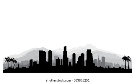 Los Angeles, USA skyline. City silhouette with skyscraper buildings, mountains and palm trees. Cityscape with famous american landmarks. Urban architectural landscape. 