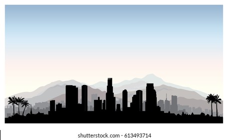 Los Angeles, USA skyline. City silhouette with skyscraper buildings, mountains and palm trees. Cityscape with famous american landmarks. Urban architectural landscape. 