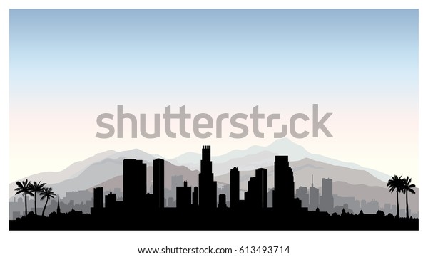 米国ロサンゼルス スカイライン 高層ビル 山 ヤシの木のシルエット アメリカの有名な史跡を持つ都市景観 都市建築の景観 のベクター画像素材 ロイヤリティフリー