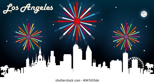 Los Angeles USA skyline silhouette vector design, dark night sky with fireworks