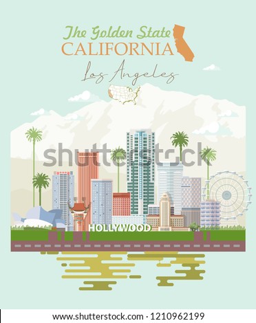 Los Angeles vector city template. California poster in colorful flat style.