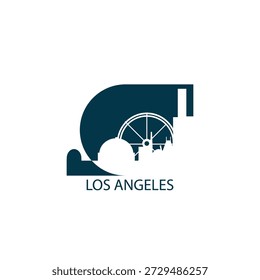 ícone do vetor de Los Angeles com linha do horizonte, vista panorâmica, forma do outlook. Conceito do logotipo dos marcos da cidade da Califórnia nos EUA. Gráfico isolado plano, crachá