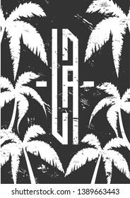 Los Angeles vector lettering for card, tee print design. Typography quote for t-shirts, vector graphic for tee printing american slogan. Black and white palm, summer, beach illustration