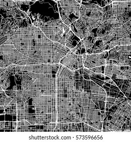 Los Angeles Vector Map, Artprint. Black Landmass, White Water and Roads.