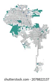 Los Angeles vector map. Detailed map of Los Angeles city administrative area. Cityscape panorama. Royalty free vector illustration. Outline map with highways, streets, rivers. Tourist decorative map.