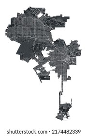 Los Angeles vector map. Detailed vector map of Los Angeles city administrative area. Cityscape poster metropolitan aria view. Black land with white streets, roads and avenues. White background.