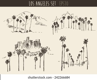 Los Angeles views set (California) skyline engraved style, hand drawn vector illustration