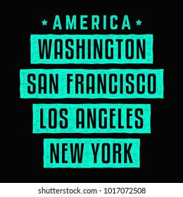 Los Angeles. Washington. New York. San Francisco. America. Retro grunge print. Vintage turquoise poster.