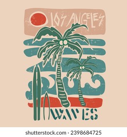 Los Angeles waves artistic summer beach, Vector illustration on the theme of surf and surfing in Hawaii. Vintage design. Typography, t-shirt graphics