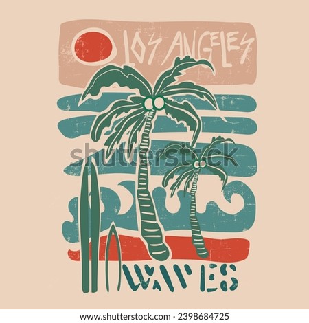 Los Angeles waves artistic summer beach, Vector illustration on the theme of surf and surfing in Hawaii. Vintage design. Typography, t-shirt graphics