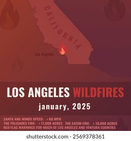 Los Angeles wildfires information vector illustration with map, fire symbol and info for blog, articles, social media. California, january 2025