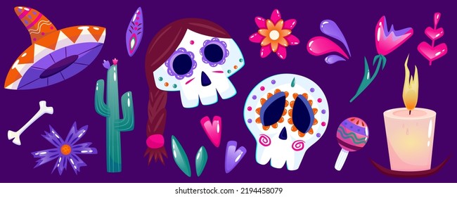 Los muertos, skull catrina with flower and hat isolated. Cartoon vector illustration. Halloween costume. Dia de los muertos mexican design. Candle, cactus and maracas bright color