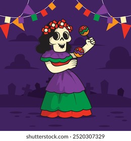 Los muertos cráneo personaje ilustraciones planas Vector