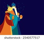 Los Reyes Magos  - Three Wise Men.  Epiphany celebration. Traditional Spanish Three Kings Day. Cartoon Vector illustration Template design for Poster, Banner, Flyer, Greeting Card, Cover, Post.