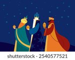 Los Reyes Magos  - Three Wise Men.  Epiphany celebration. Traditional Spanish Three Kings Day. Cartoon Vector illustration Template design for Poster, Banner, Flyer, Greeting Card, Cover, Post. 