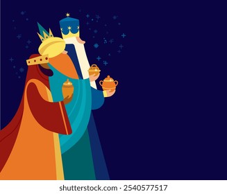 Los Reyes Magos  - Three Wise Men.  Epiphany celebration. Traditional Spanish Three Kings Day. Cartoon Vector illustration Template design for Poster, Banner, Flyer, Greeting Card, Cover, Post.