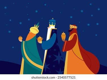 Los Reyes Magos  - Three Wise Men.  Epiphany celebration. Traditional Spanish Three Kings Day. Cartoon Vector illustration Template design for Poster, Banner, Flyer, Greeting Card, Cover, Post. 