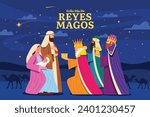 Los Reyes Magos ( Translation - Three Wise Men ). Happy epiphany day. January 6. Nativity of Jesus. Cartoon Vector illustration Template design for Poster, Banner, Flyer, Greeting, Card, Cover, Post.