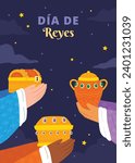 Los Reyes Magos ( Translation - Three Wise Men ). Happy epiphany day. January 6. Nativity of Jesus. Cartoon Vector illustration Template design for Poster, Banner, Flyer, Greeting, Card, Cover, Post.