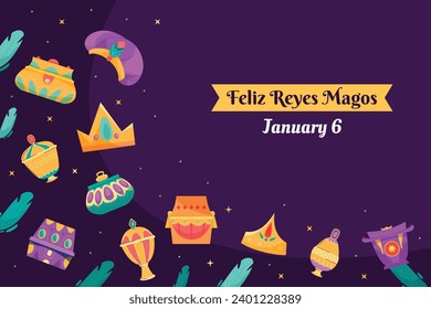 Los Reyes Magos ( Translation - Three Wise Men ). Happy epiphany day. January 6. Nativity of Jesus. Cartoon Vector illustration Template design for Poster, Banner, Flyer, Greeting, Card, Cover, Post.