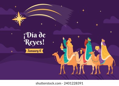 Los Reyes Magos ( Translation - Three Wise Men ). Happy epiphany day. January 6. Nativity of Jesus. Cartoon Vector illustration Template design for Poster, Banner, Flyer, Greeting, Card, Cover, Post.