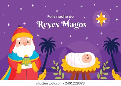 Los Reyes Magos ( Translation - Three Wise Men ). Happy epiphany day. January 6. Nativity of Jesus. Cartoon Vector illustration Template design for Poster, Banner, Flyer, Greeting, Card, Cover, Post.