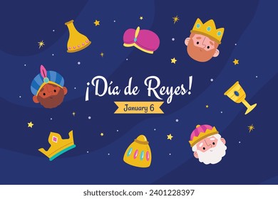 Los Reyes Magos ( Translation - Three Wise Men ). Happy epiphany day. January 6. Nativity of Jesus. Cartoon Vector illustration Template design for Poster, Banner, Flyer, Greeting, Card, Cover, Post.