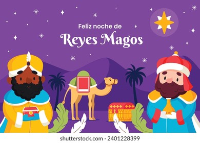 Los Reyes Magos ( Translation - Three Wise Men ). Happy epiphany day. January 6. Nativity of Jesus. Cartoon Vector illustration Template design for Poster, Banner, Flyer, Greeting, Card, Cover, Post.