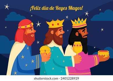 Los Reyes Magos ( Translation - Three Wise Men ). Happy epiphany day. January 6. Nativity of Jesus. Cartoon Vector illustration Template design for Poster, Banner, Flyer, Greeting, Card, Cover, Post.