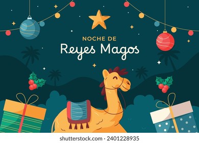 Los Reyes Magos ( Translation - Three Wise Men ). Happy epiphany day. January 6. Nativity of Jesus. Cartoon Vector illustration Template design for Poster, Banner, Flyer, Greeting, Card, Cover, Post.