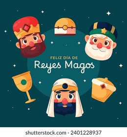 Los Reyes Magos ( Translation - Three Wise Men ). Happy epiphany day. January 6. Nativity of Jesus. Cartoon Vector illustration Template design for Poster, Banner, Flyer, Greeting, Card, Cover, Post.