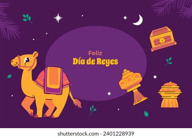 Los Reyes Magos ( Translation - Three Wise Men ). Happy epiphany day. January 6. Nativity of Jesus. Cartoon Vector illustration Template design for Poster, Banner, Flyer, Greeting, Card, Cover, Post.