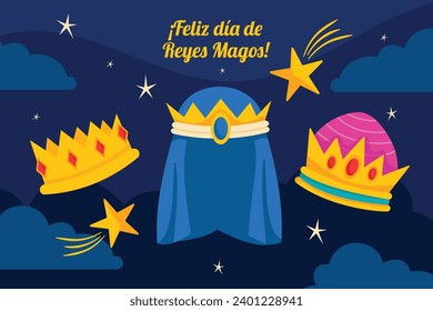 Los Reyes Magos ( Translation - Three Wise Men ). Happy epiphany day. January 6. Nativity of Jesus. Cartoon Vector illustration Template design for Poster, Banner, Flyer, Greeting, Card, Cover, Post.