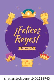 Los Reyes Magos ( Translation - Three Wise Men ). Happy epiphany day. January 6. Nativity of Jesus. Cartoon Vector illustration Template design for Poster, Banner, Flyer, Greeting, Card, Cover, Post.