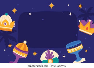 Los Reyes Magos ( Translation - Three Wise Men ). Happy epiphany day. January 6. Nativity of Jesus. Cartoon Vector illustration Template design for Poster, Banner, Flyer, Greeting, Card, Cover, Post.