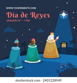 Los Reyes Magos ( Translation - Three Wise Men ). Happy epiphany day. January 6. Nativity of Jesus. Cartoon Vector illustration Template design for Poster, Banner, Flyer, Greeting, Card, Cover, Post.