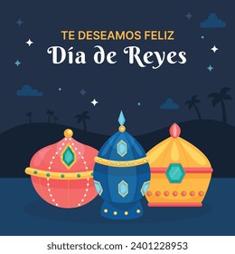 Los Reyes Magos ( Translation - Three Wise Men ). Happy epiphany day. January 6. Nativity of Jesus. Cartoon Vector illustration Template design for Poster, Banner, Flyer, Greeting, Card, Cover, Post.