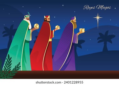 Los Reyes Magos ( Translation - Three Wise Men ). Happy epiphany day. January 6. Nativity of Jesus. Cartoon Vector illustration Template design for Poster, Banner, Flyer, Greeting, Card, Cover, Post.