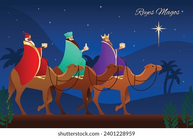 Los Reyes Magos ( Translation - Three Wise Men ). Happy epiphany day. January 6. Nativity of Jesus. Cartoon Vector illustration Template design for Poster, Banner, Flyer, Greeting, Card, Cover, Post.