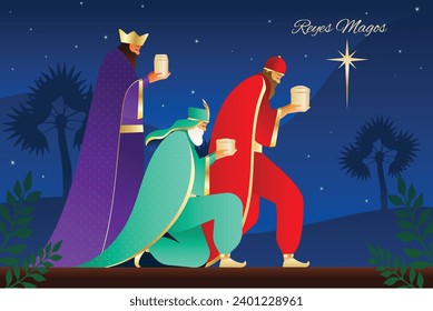 Los Reyes Magos ( Translation - Three Wise Men ). Happy epiphany day. January 6. Nativity of Jesus. Cartoon Vector illustration Template design for Poster, Banner, Flyer, Greeting, Card, Cover, Post.