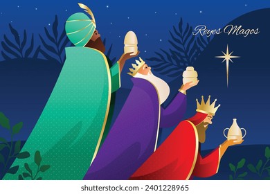 Los Reyes Magos ( Translation - Three Wise Men ). Happy epiphany day. January 6. Nativity of Jesus. Cartoon Vector illustration Template design for Poster, Banner, Flyer, Greeting, Card, Cover, Post.