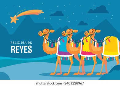 Los Reyes Magos ( Translation - Three Wise Men ). Happy epiphany day. January 6. Nativity of Jesus. Cartoon Vector illustration Template design for Poster, Banner, Flyer, Greeting, Card, Cover, Post.