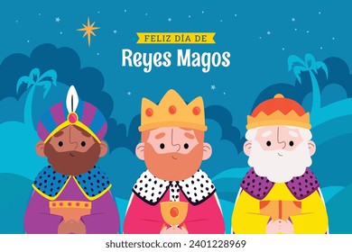 Los Reyes Magos ( Translation - Three Wise Men ). Happy epiphany day. January 6. Nativity of Jesus. Cartoon Vector illustration Template design for Poster, Banner, Flyer, Greeting, Card, Cover, Post.