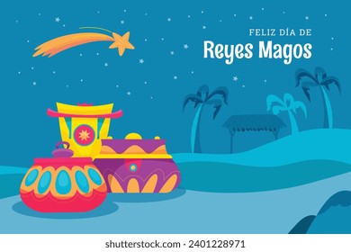 Los Reyes Magos ( Translation - Three Wise Men ). Happy epiphany day. January 6. Nativity of Jesus. Cartoon Vector illustration Template design for Poster, Banner, Flyer, Greeting, Card, Cover, Post.